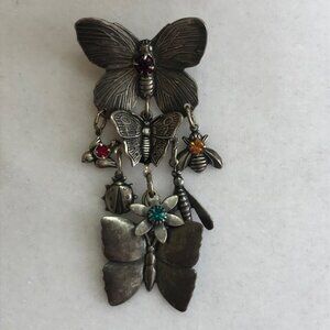 MARY DEMARCO Triple Butterfly Brooch Pin Silvertone Rare Vintage